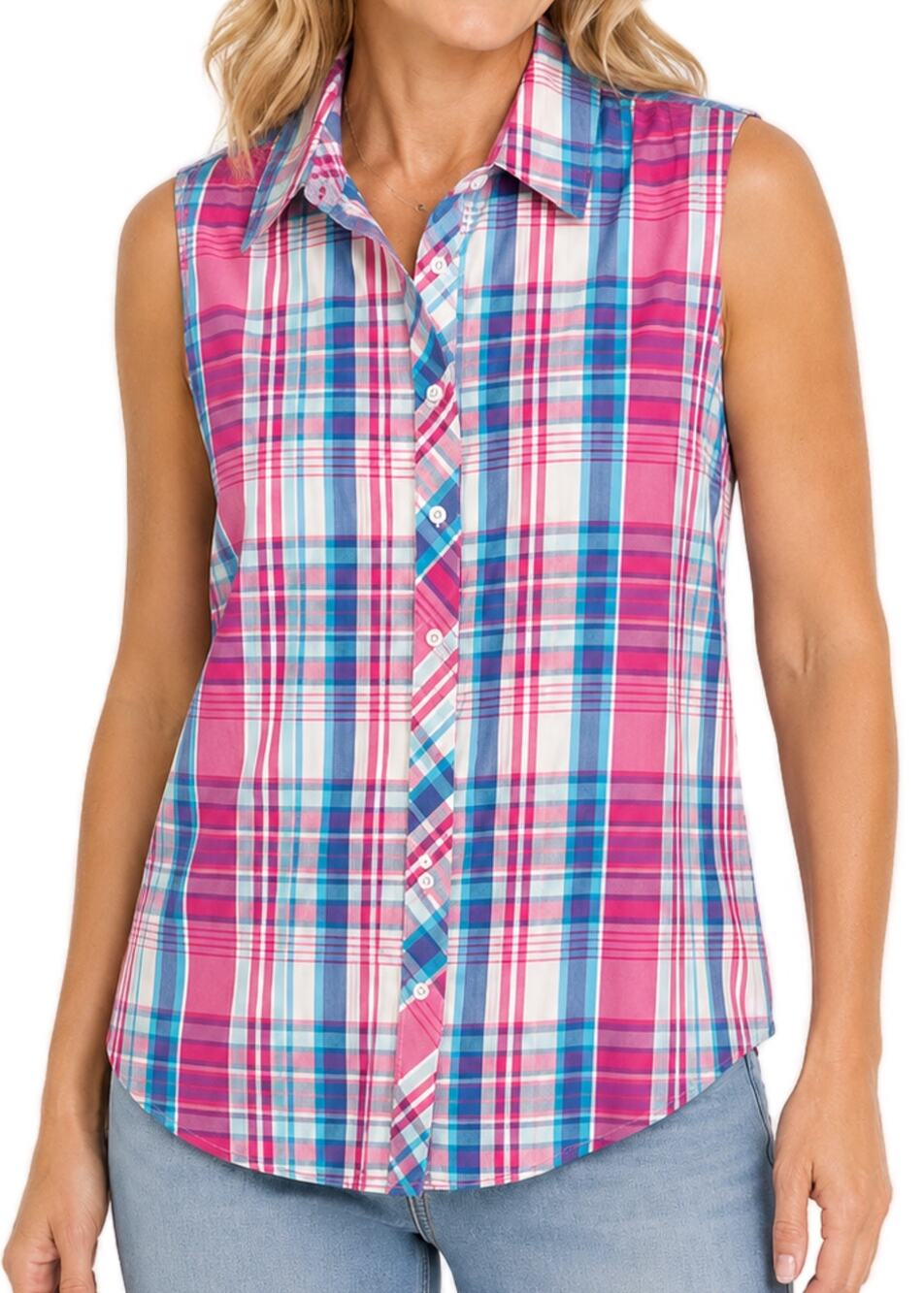 Talbots Shirt SP Pink Blue Madras Plaid Cotton Sleeveless Button Front NWT